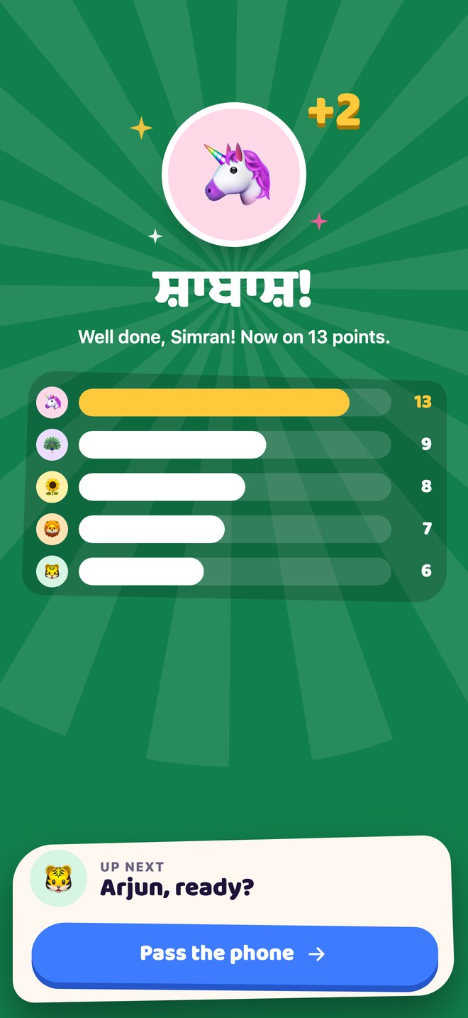 The Shabaash screen after a player scores